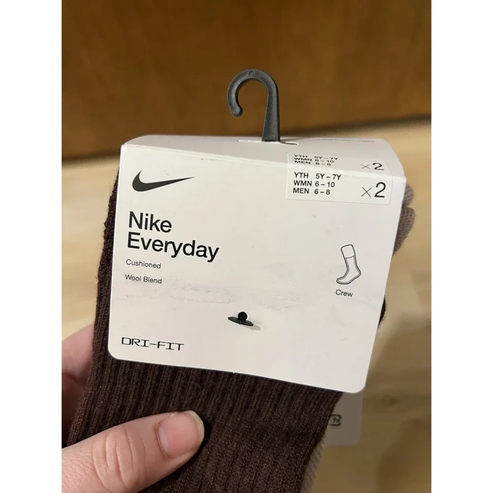 Nike Everyday Wool‎ Cushioned 2 Pack Crew Socks Brown Mens Size M 6-8 DQ6394-907